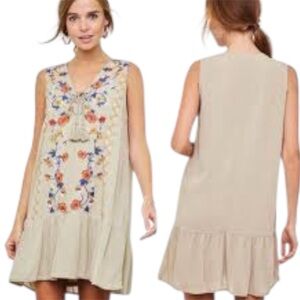 ANTHROPOLOGIE L-LOVE Boho Floral Embroidery V Neck Tassle Dress Beige Sz Medium